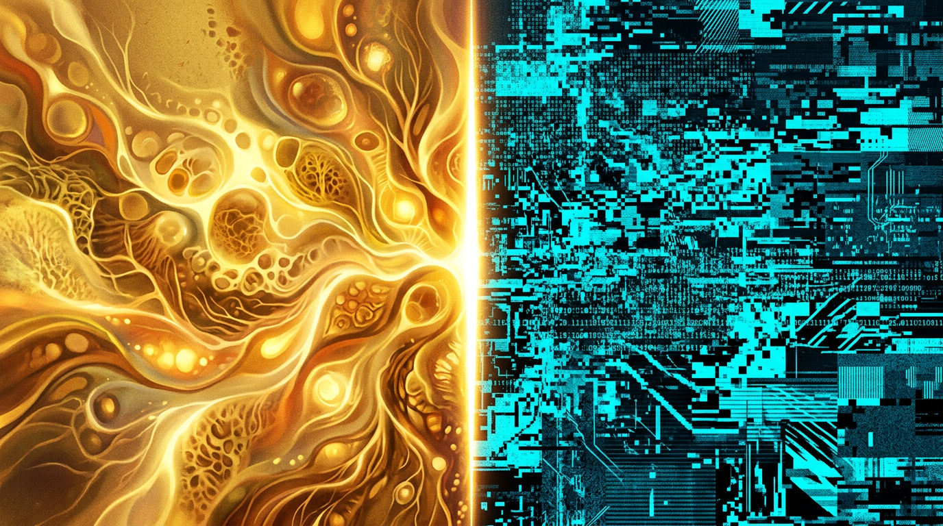 Vertical divide between warm organic space and cool digital static.