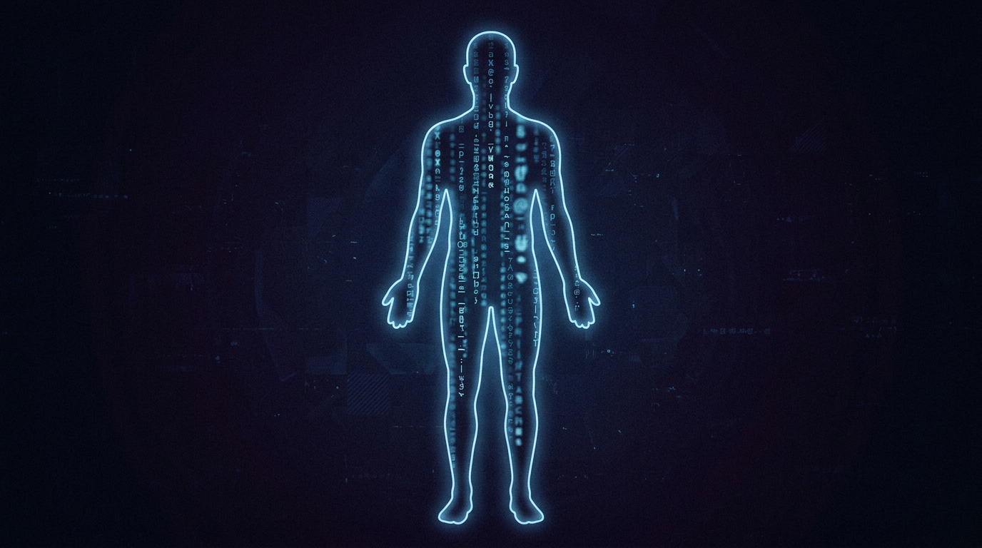 Silhouette filled with scrolling text tokens—fluent words, no lived body.