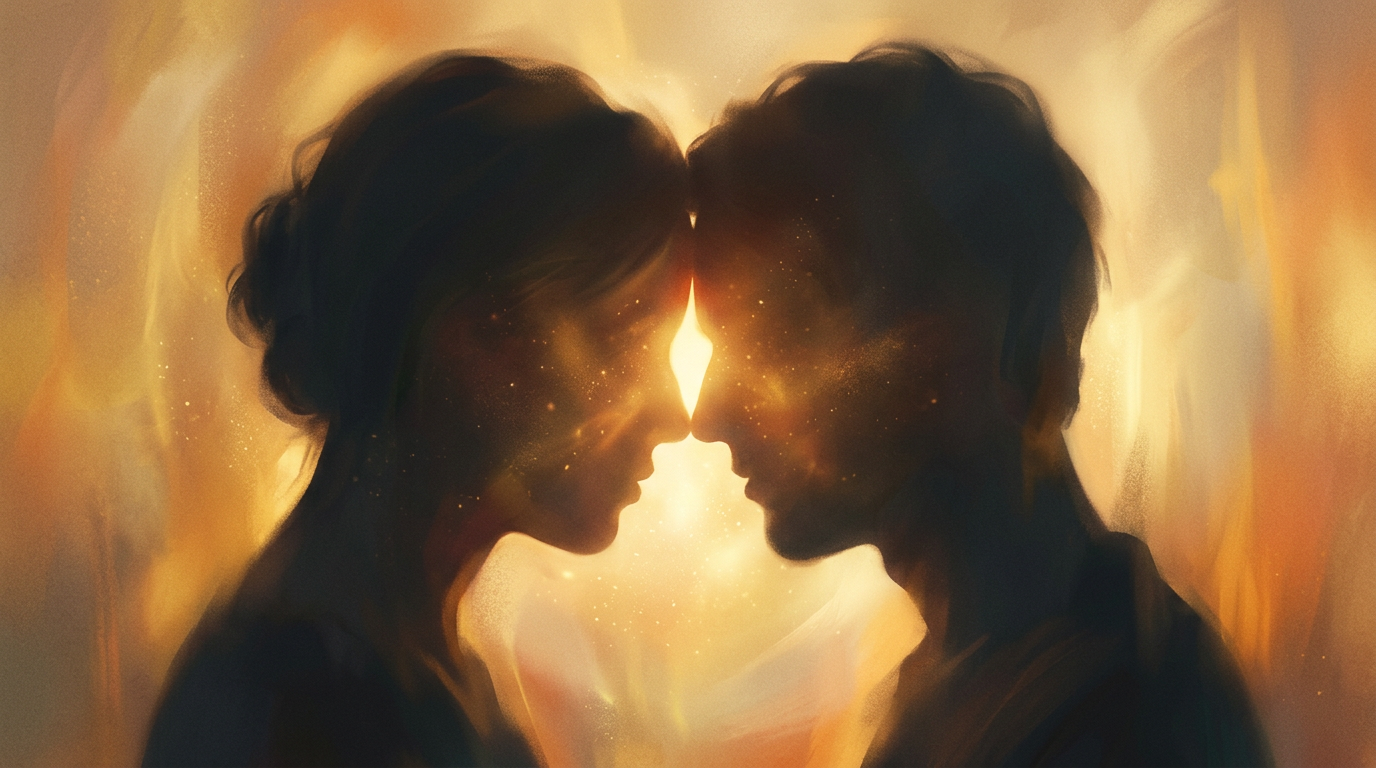 Two figures close, shared warm light—attunement as a human phenomenon.