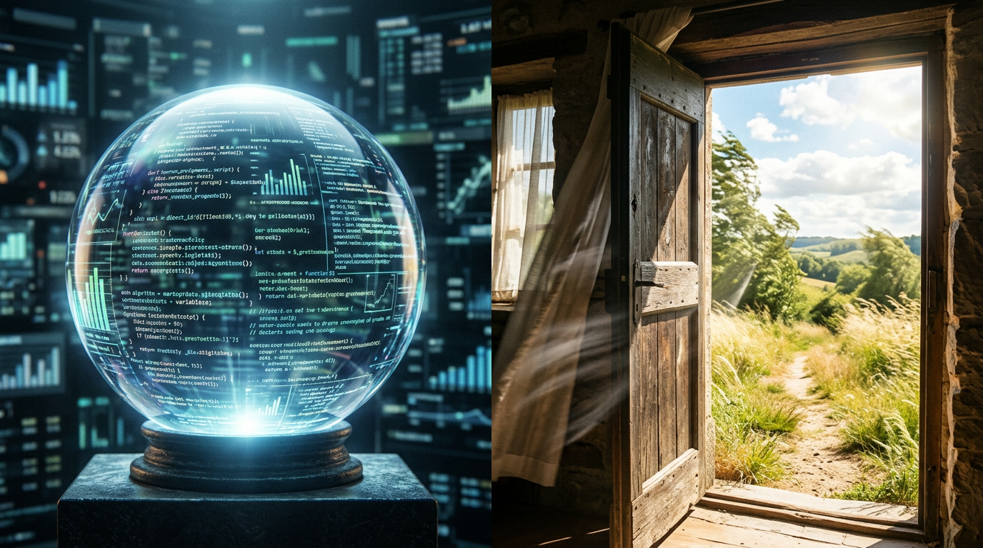 Crystal sphere of code versus open door with sunlight and wind—prediction vs lived presence.