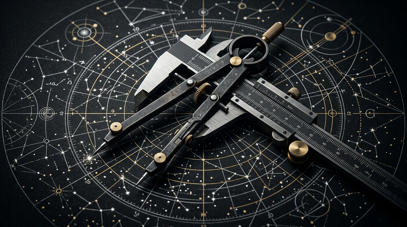 Precision compass or caliper over abstract star chart, measurement and calibration.