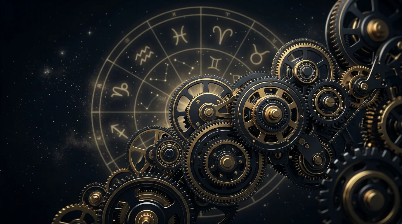 Interlocking gears with faint zodiac wheel, timing as mechanics.