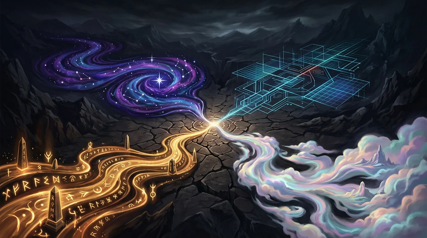 Four diverging paths from one trailhead, ritual, vision, measure, dream.