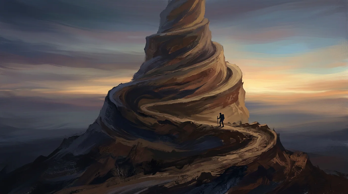 Small traveler on winding mountain path in first light, embodied ascent.