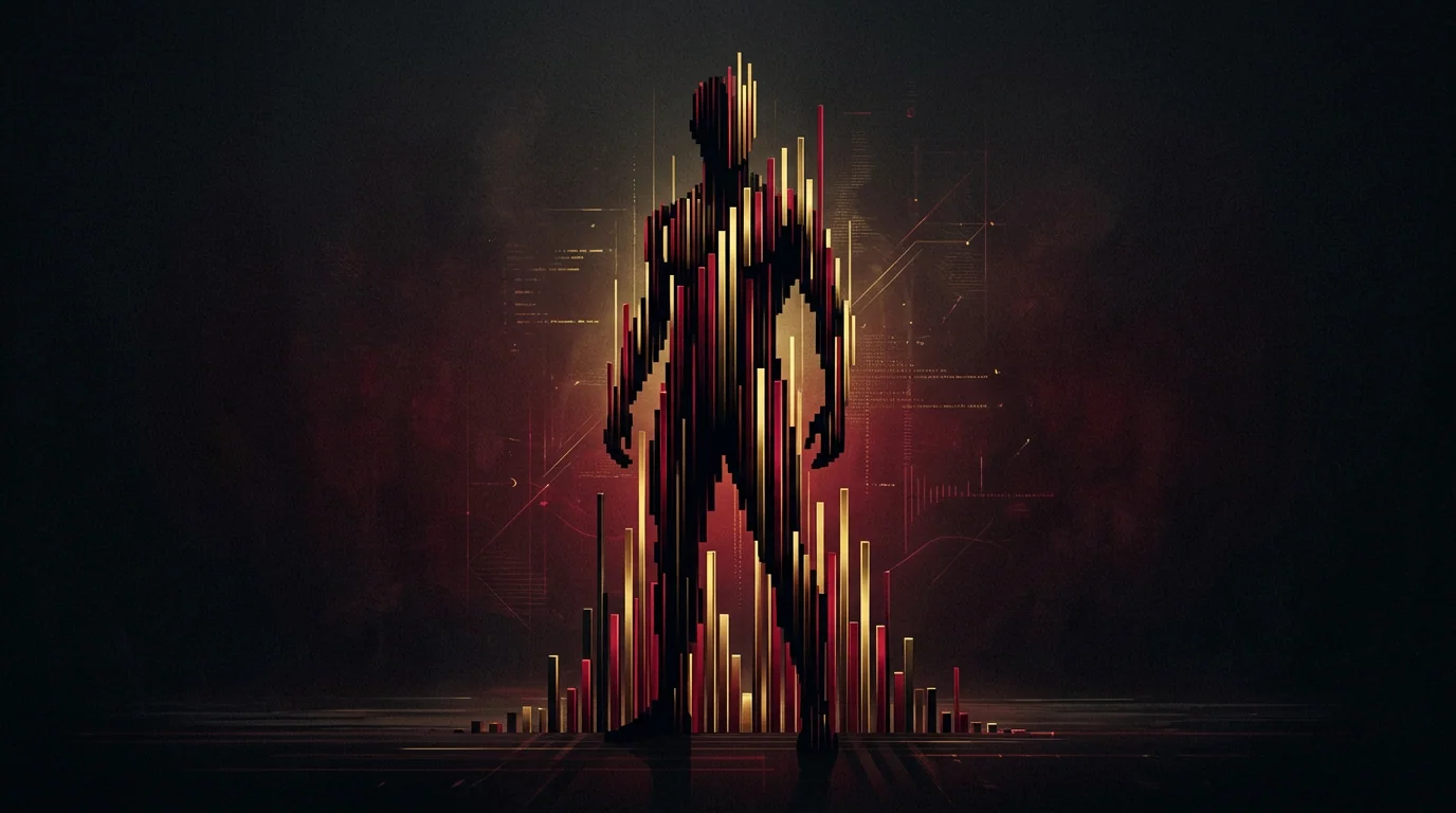 Abstract shadow with body formed from bar chart bars, self fused to metrics.