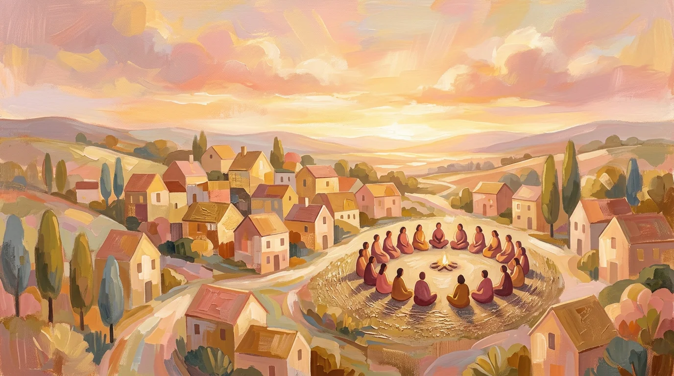 Warm dawn over small homes and a circle of seated figures, community rhythm.