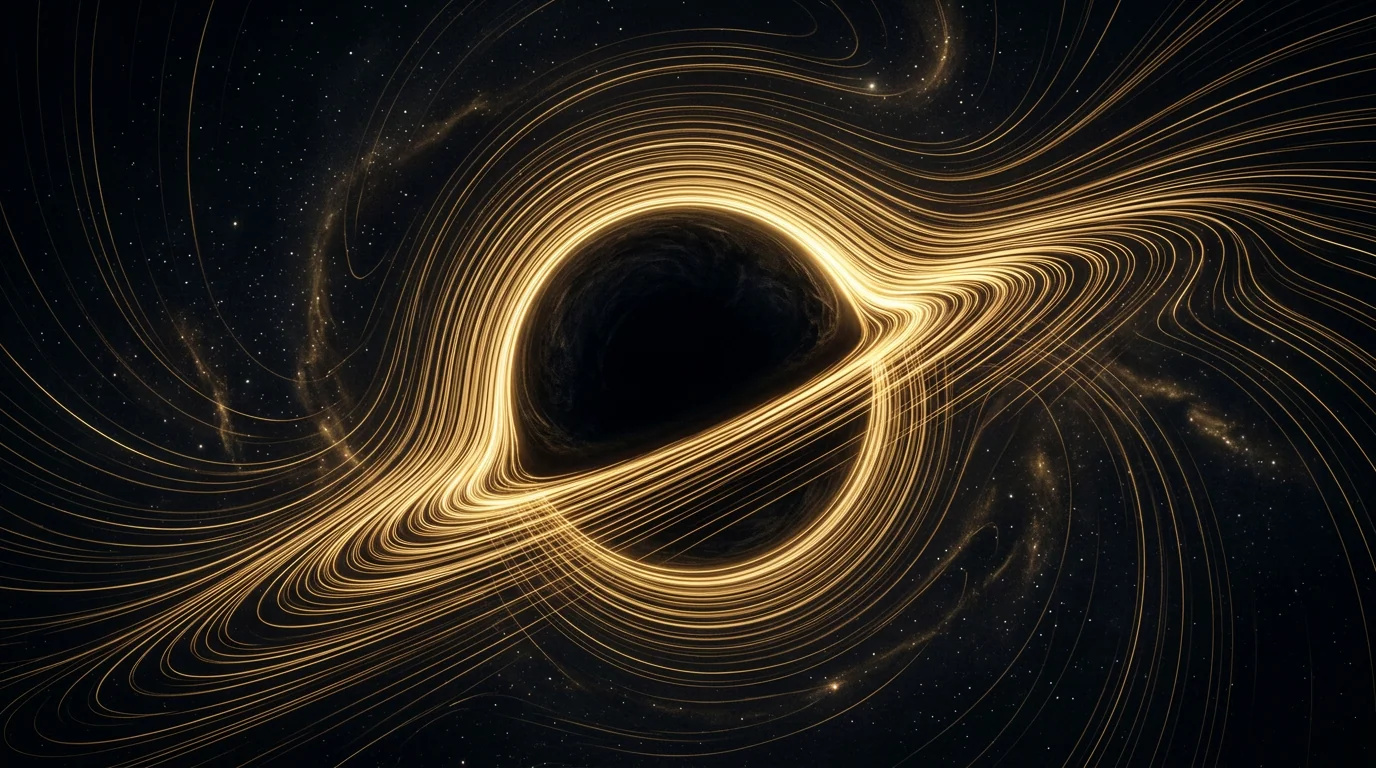 Abstract curved light-bending lines suggesting invisible gravitational pull.