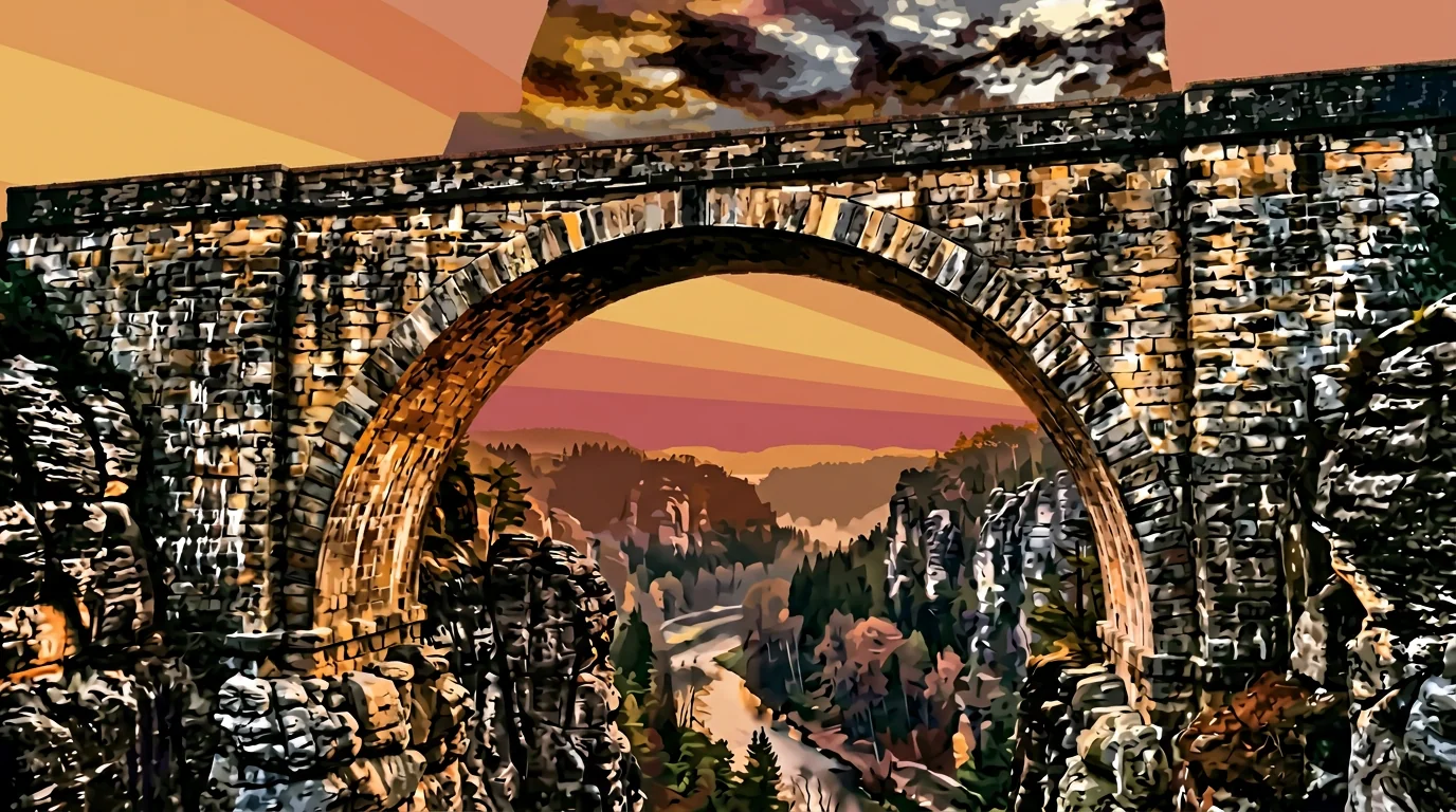 Massive stone arch at dawn, rest as structural support.