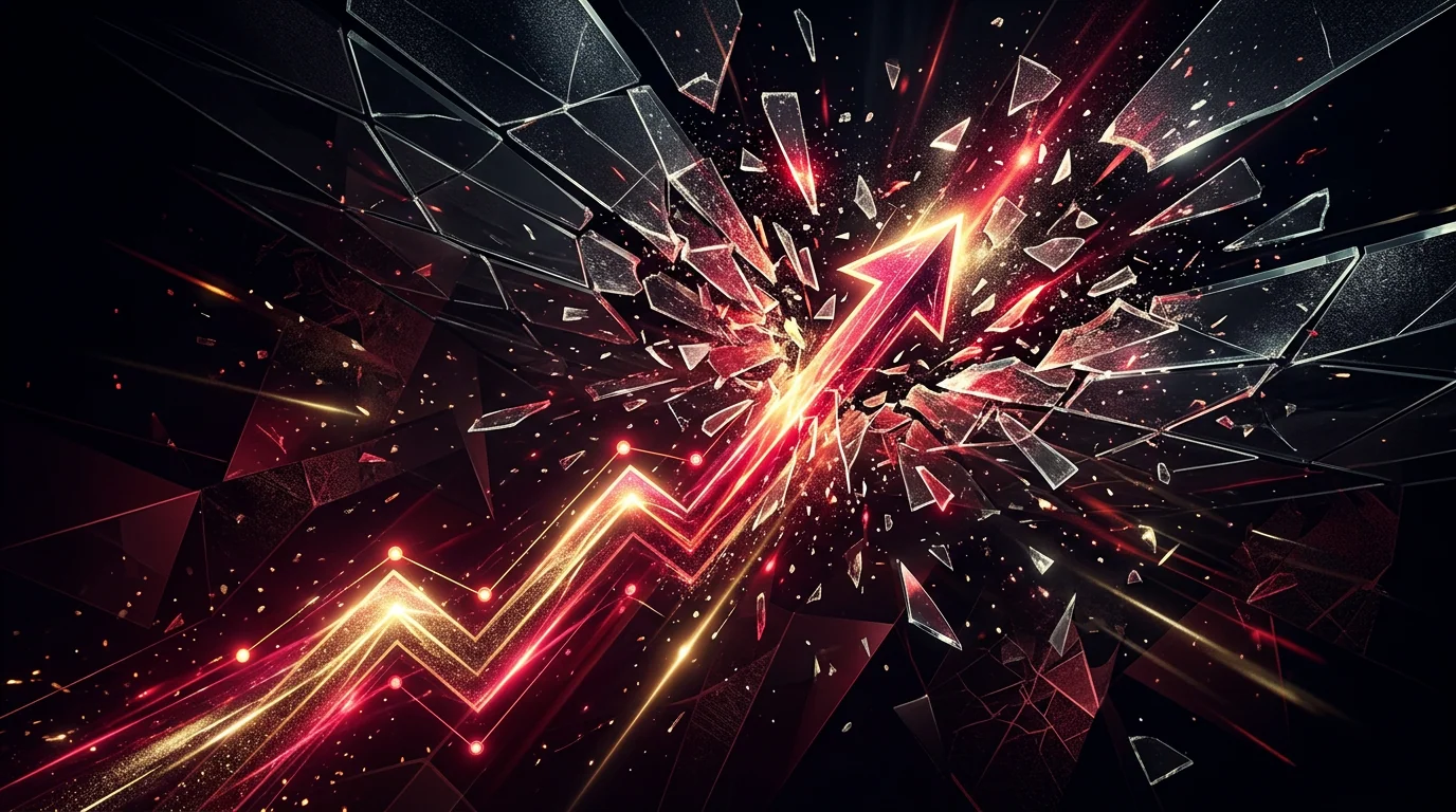 Abstract upward arrow shattering against an invisible barrier, optimization ceiling.