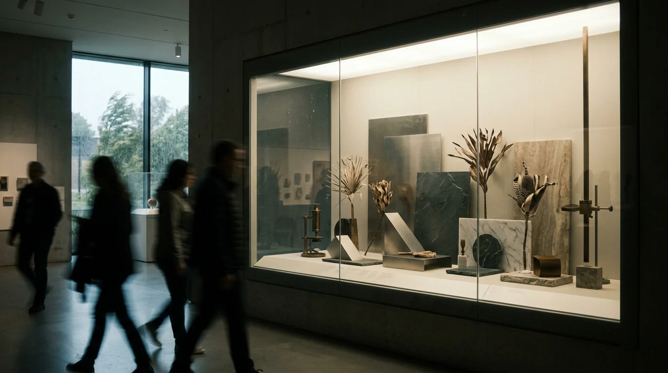 Still diorama behind glass versus living motion in the foreground.