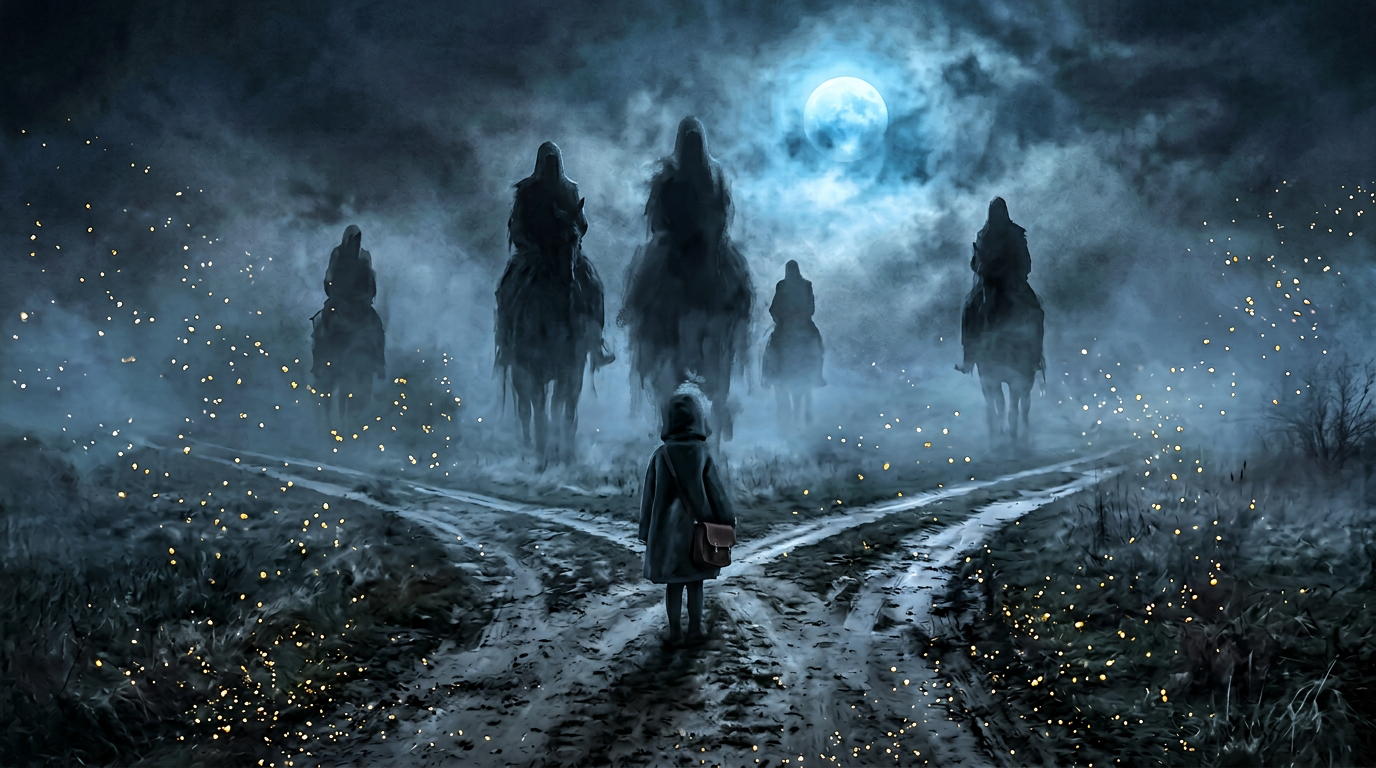 Child at a foggy crossroads with tall rider silhouettes—being named horse.