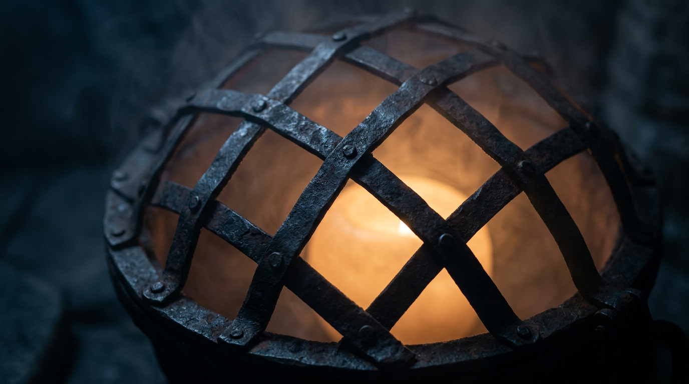 Iron seal over a soft inner glow—binding and cage.