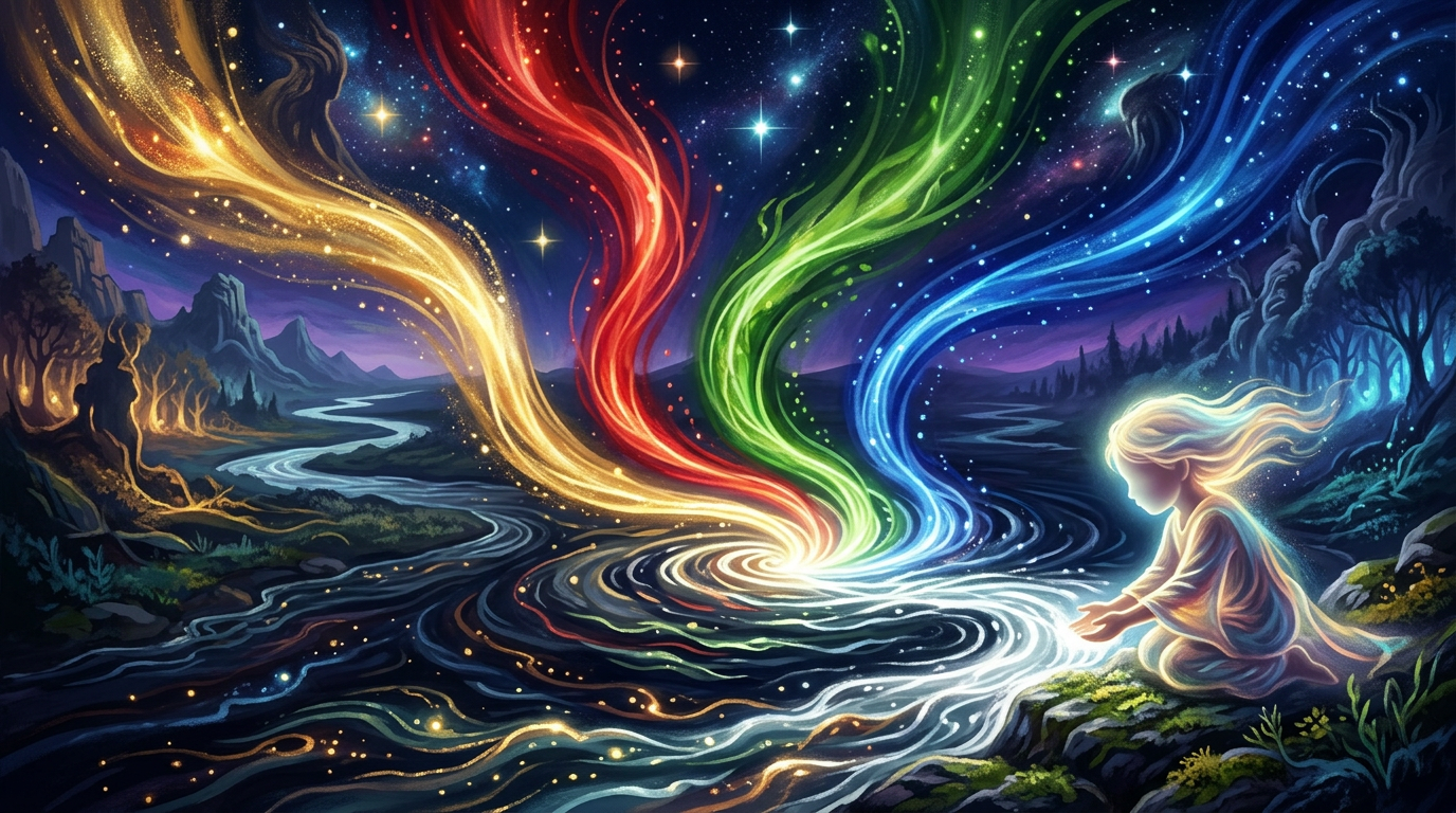 River light splitting into sacred colors meeting a child at the bank—visitation.