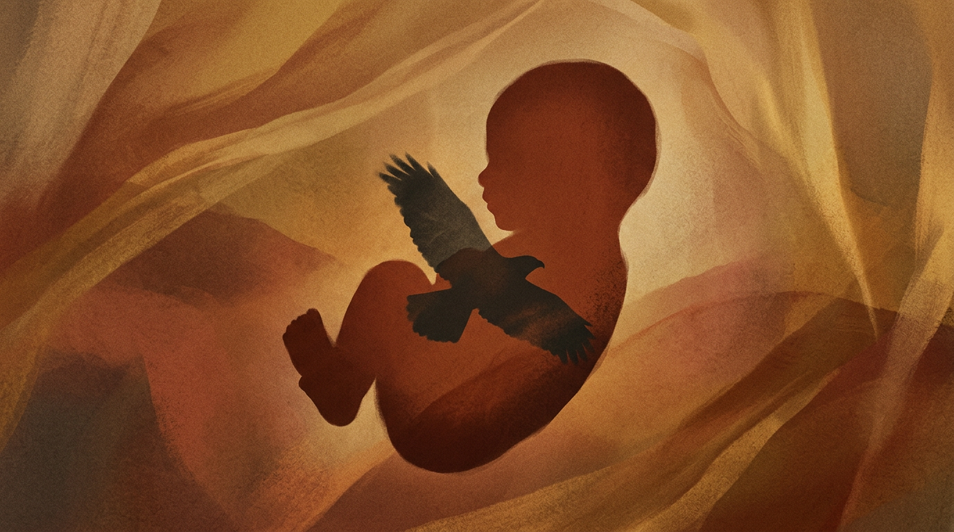 Small figure with a second winged shadow over the heart—more than one presence.