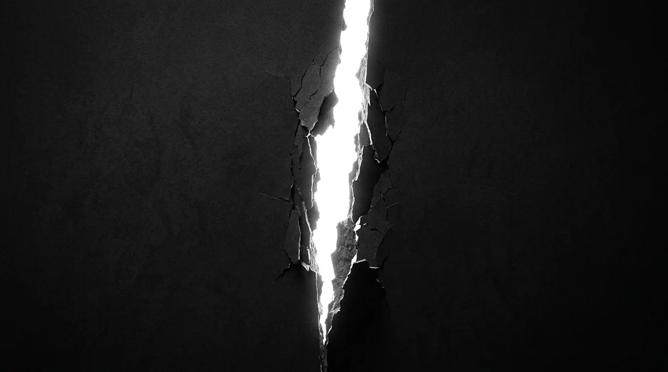 Vertical tear in darkness opening into blinding white void.