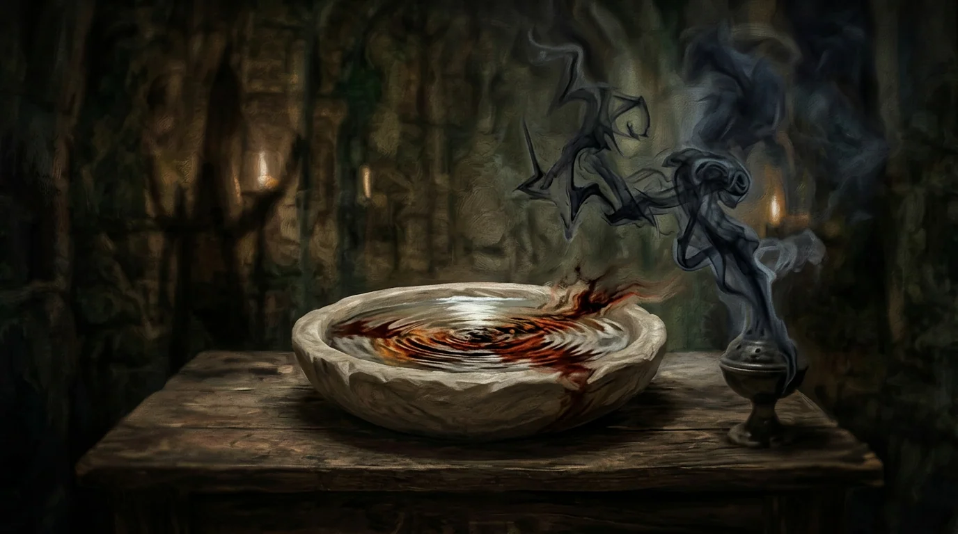 Sacred basin water darkening, the moment holy order admits intrusion.