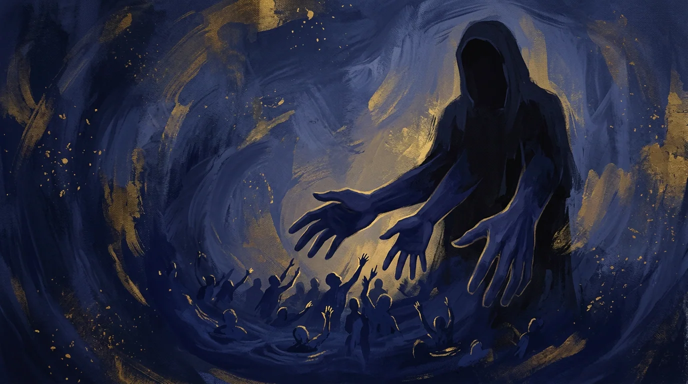 Abstract hands reaching toward many small figures while a hollow looms behind, helping as escape.