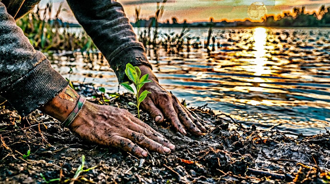 Hands tending a seedling at dawn—integration as ordinary labor.