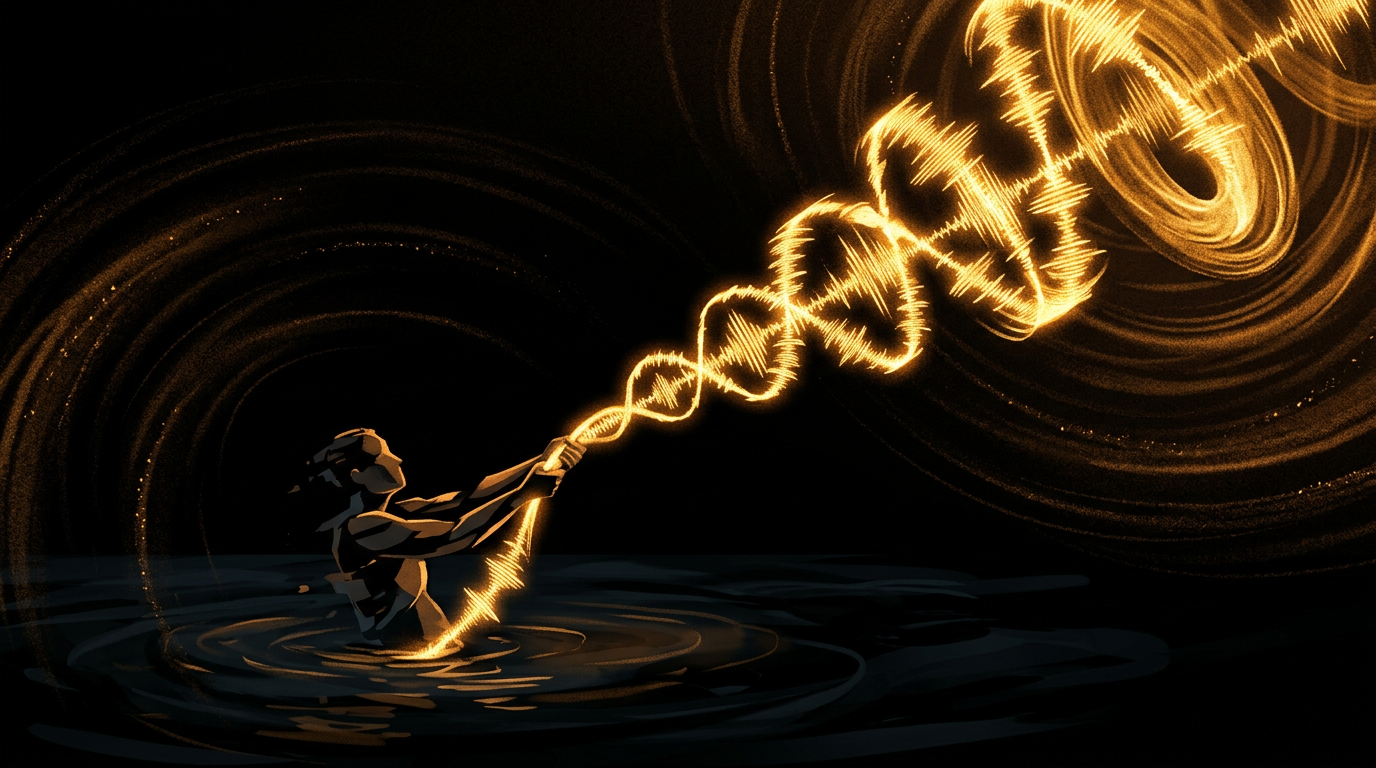 Spiral of golden sound like a rope through dark water—structure that holds.
