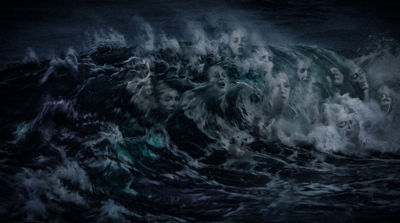 Dark churning wave—purge and shadow without a way through.