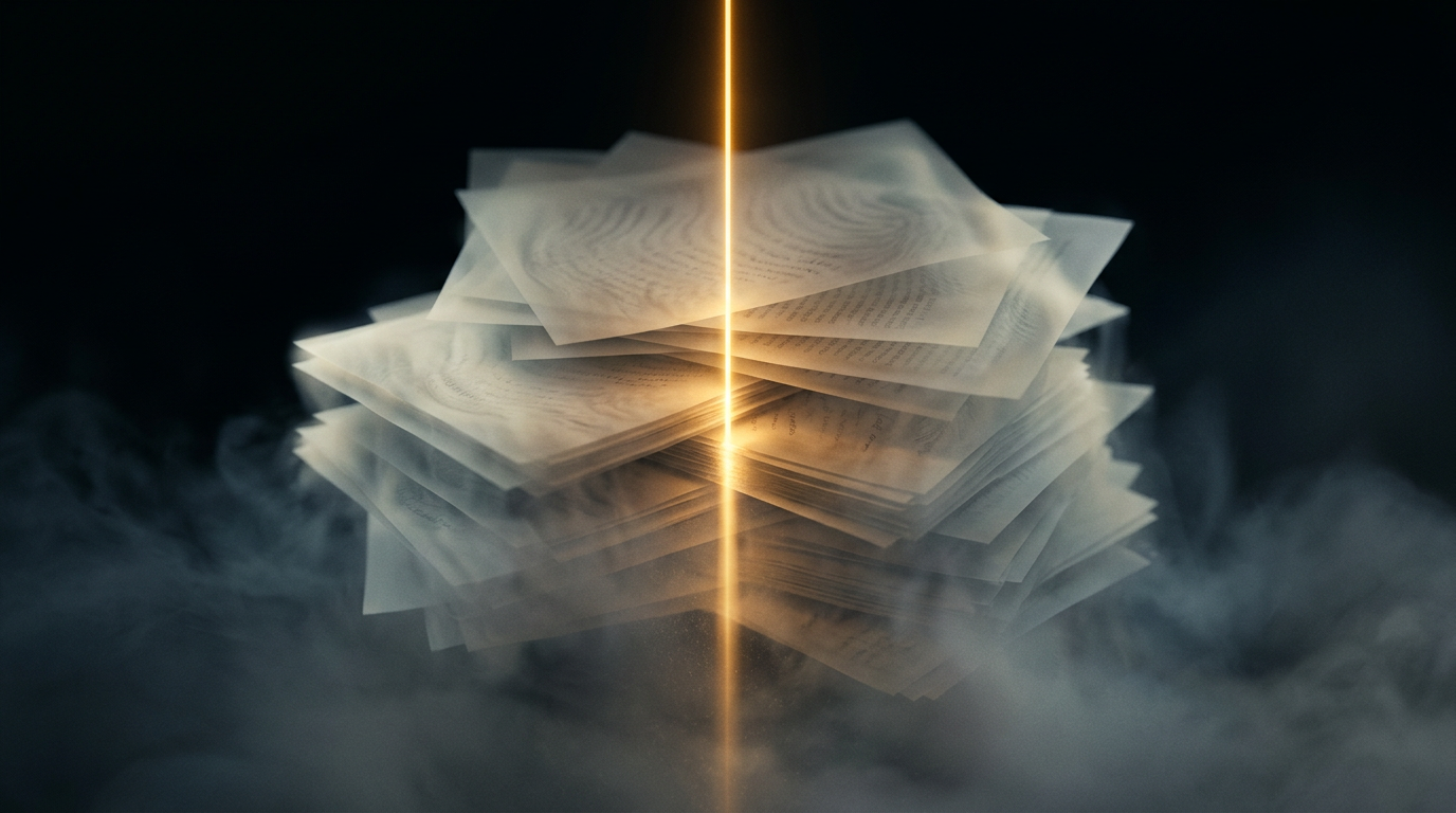 Abstract layers fading like copied advice, with one clear gold line cutting through