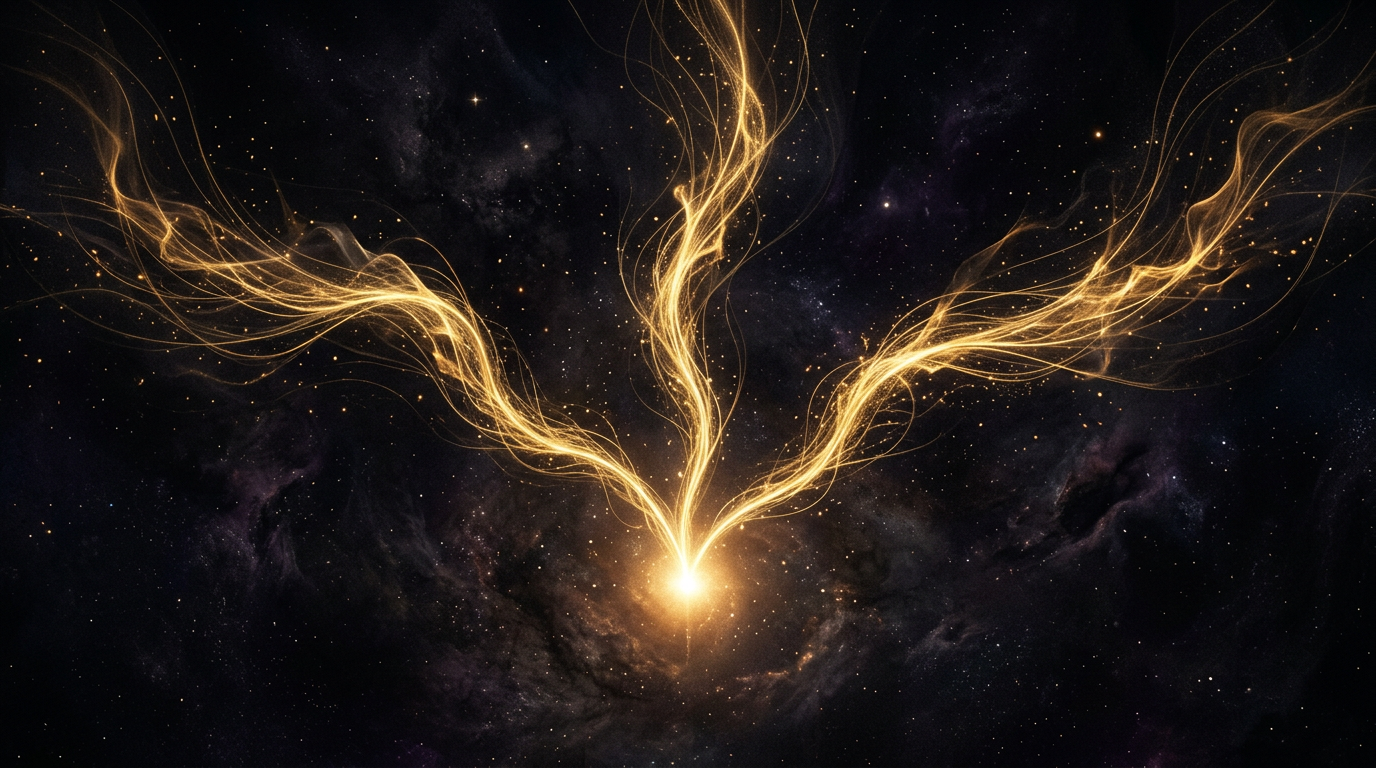 Three paths of light branching from one point into darkness