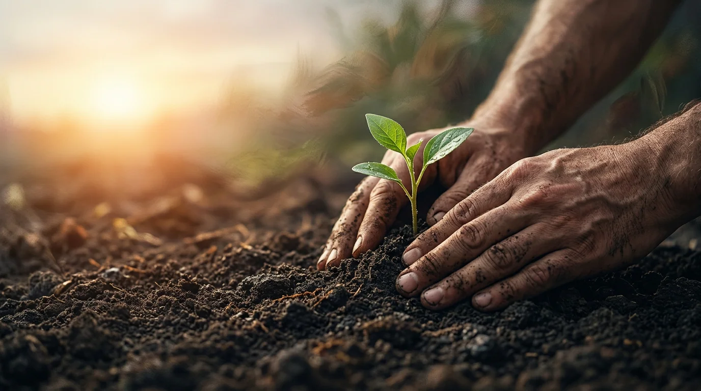 Hands pressing into soil with small green sprout and warm dawn light.