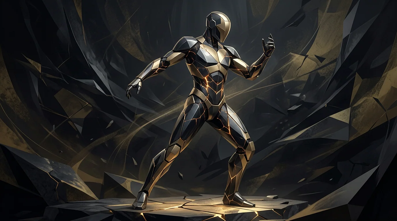 Abstract figure built from smooth geometric panels with hairline cracks of light, performance as armor.