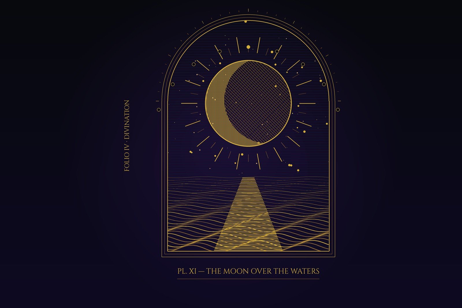 An engraved gold plate: a crescent path across hatched water with nine small stations arcing overhead.