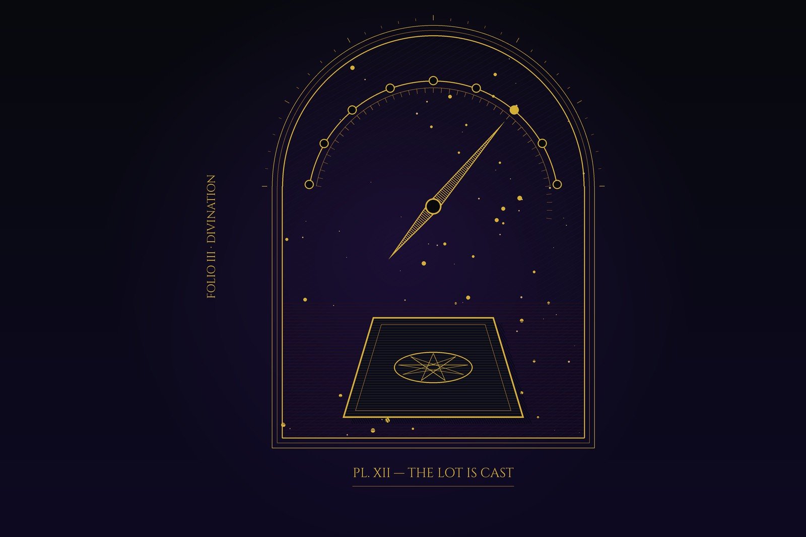 An engraved gold plate in which an astrolabe pointer chooses one of nine stations above a single card lying on a reading cloth.