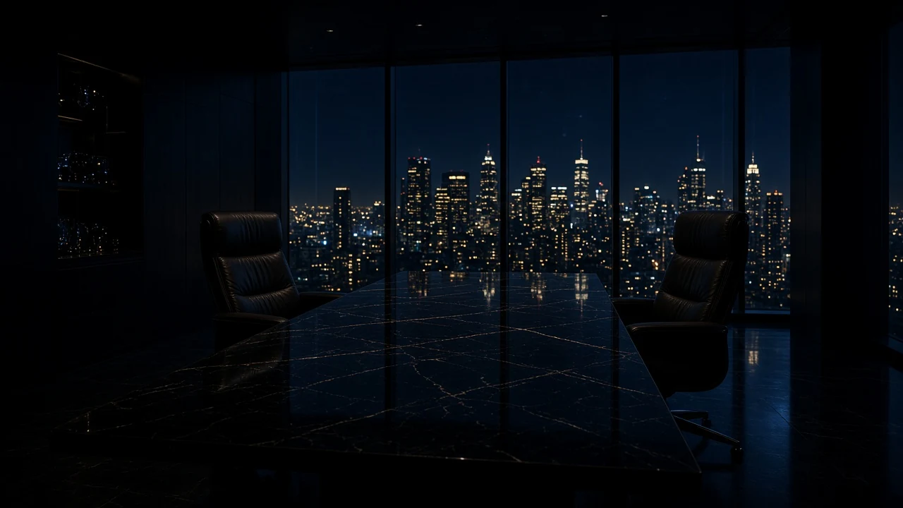 Dark boardroom at night, black table and city lights through floor-to-ceiling glass