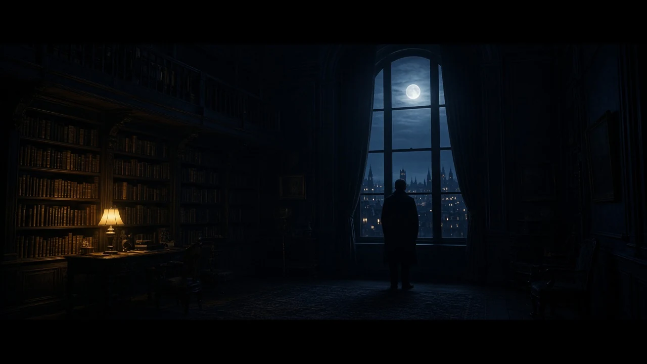 Library salon at night, figure at arched window, gold lamplight on book spines