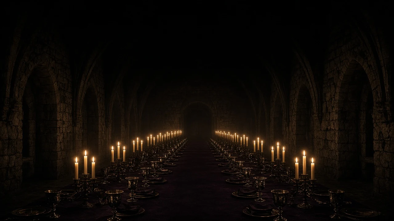 Candlelit banquet table in a vaulted stone hall, tapers receding into darkness