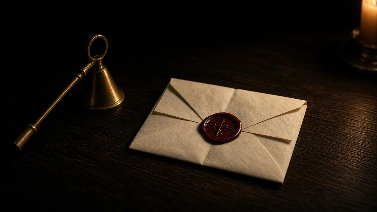 Wax-sealed letter on a walnut desk beside a candle snuffer