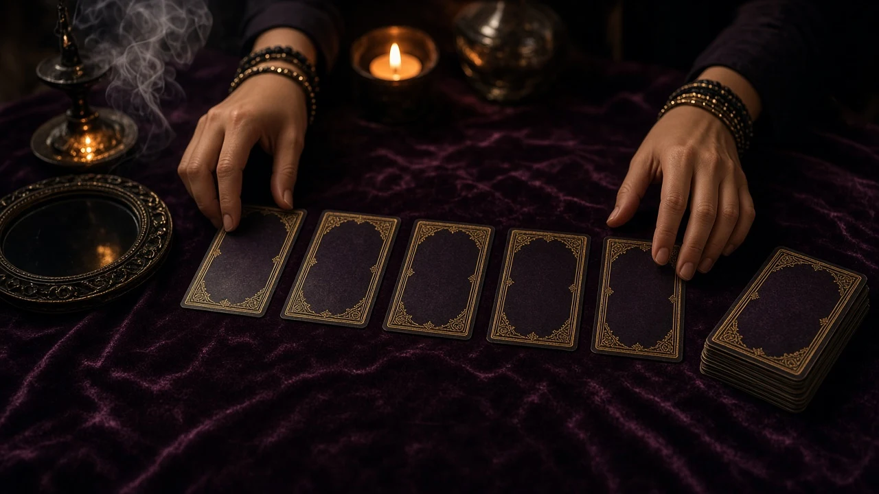 Hands laying out gold-edged cards beside a scrying mirror in candlelight