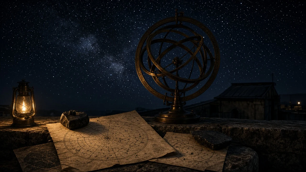 Brass armillary sphere on a rooftop under a dense starfield