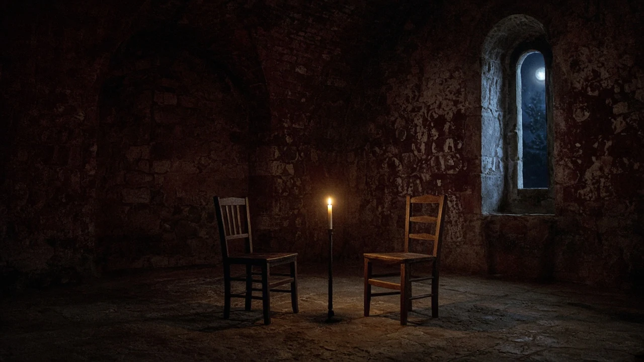 Small stone chapel at night, two chairs and a tall candle