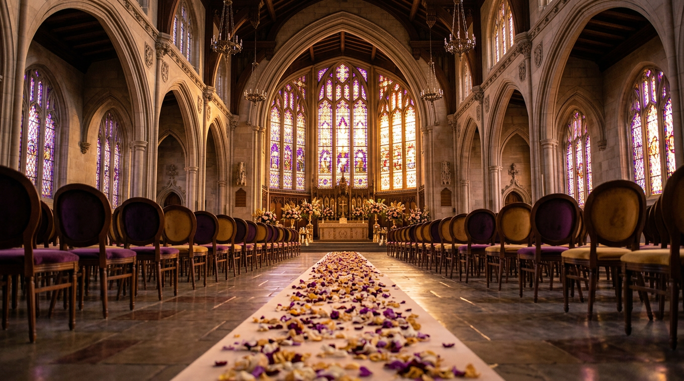 A grand ceremony hall prepared for a wedding or ritual
