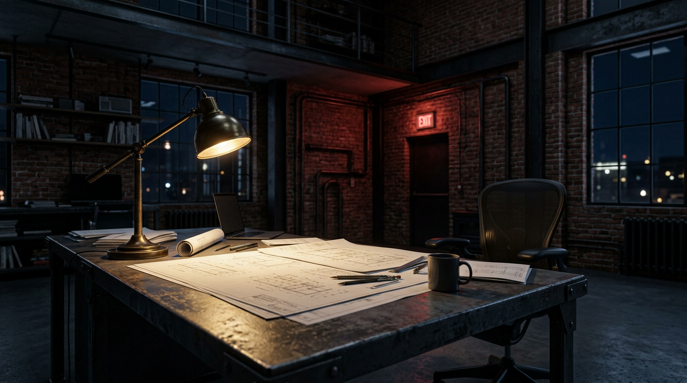 The Business Path—operations and repair in dramatic crimson and gold light