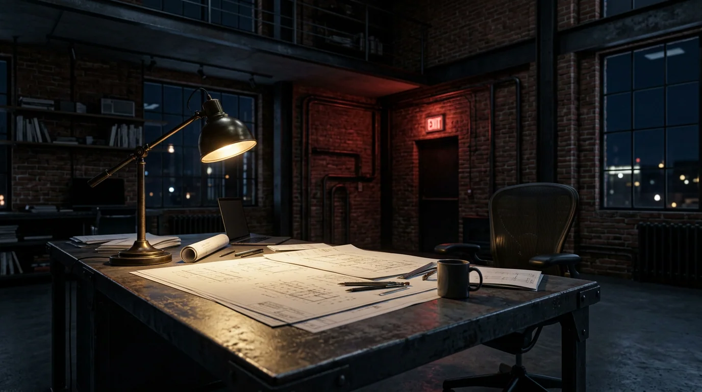 The Business Path—operations and repair in dramatic crimson and gold light