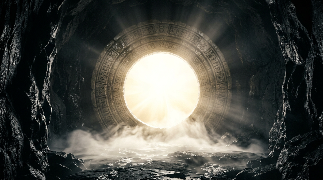 A lone figure facing a luminous circular portal