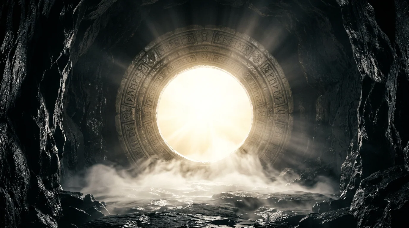 A lone figure facing a luminous circular portal