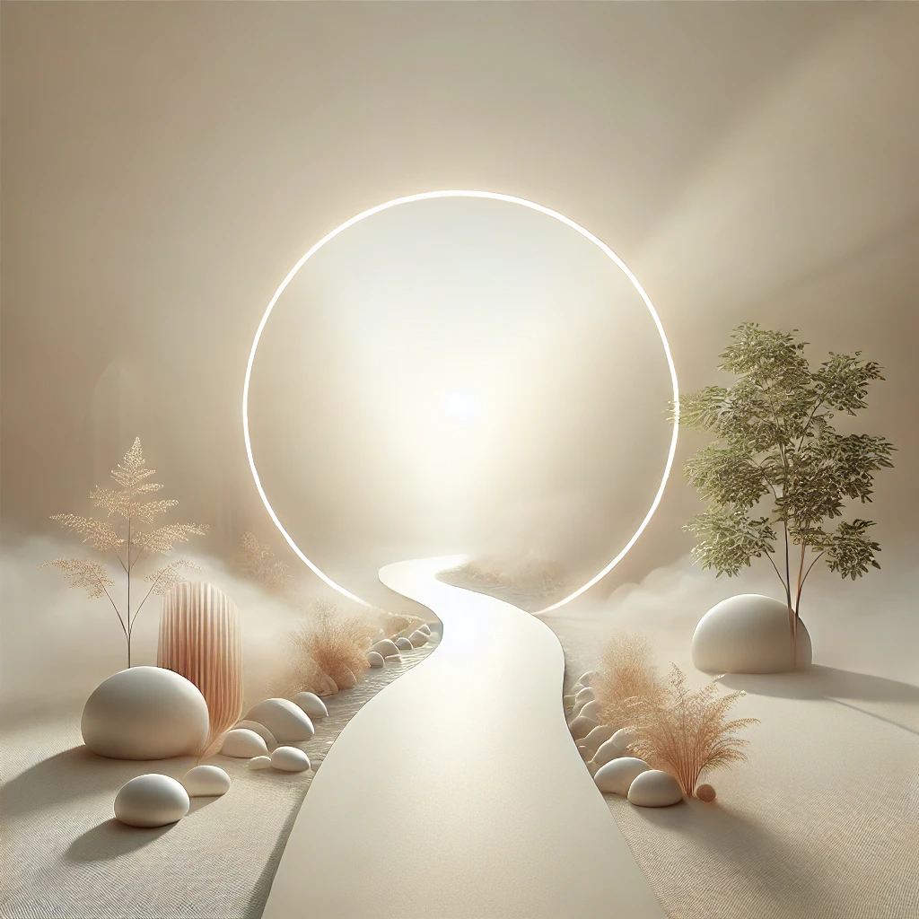 Abstract, minimalistic design of a forward-moving path with soft light, symbolizing progress and calm.