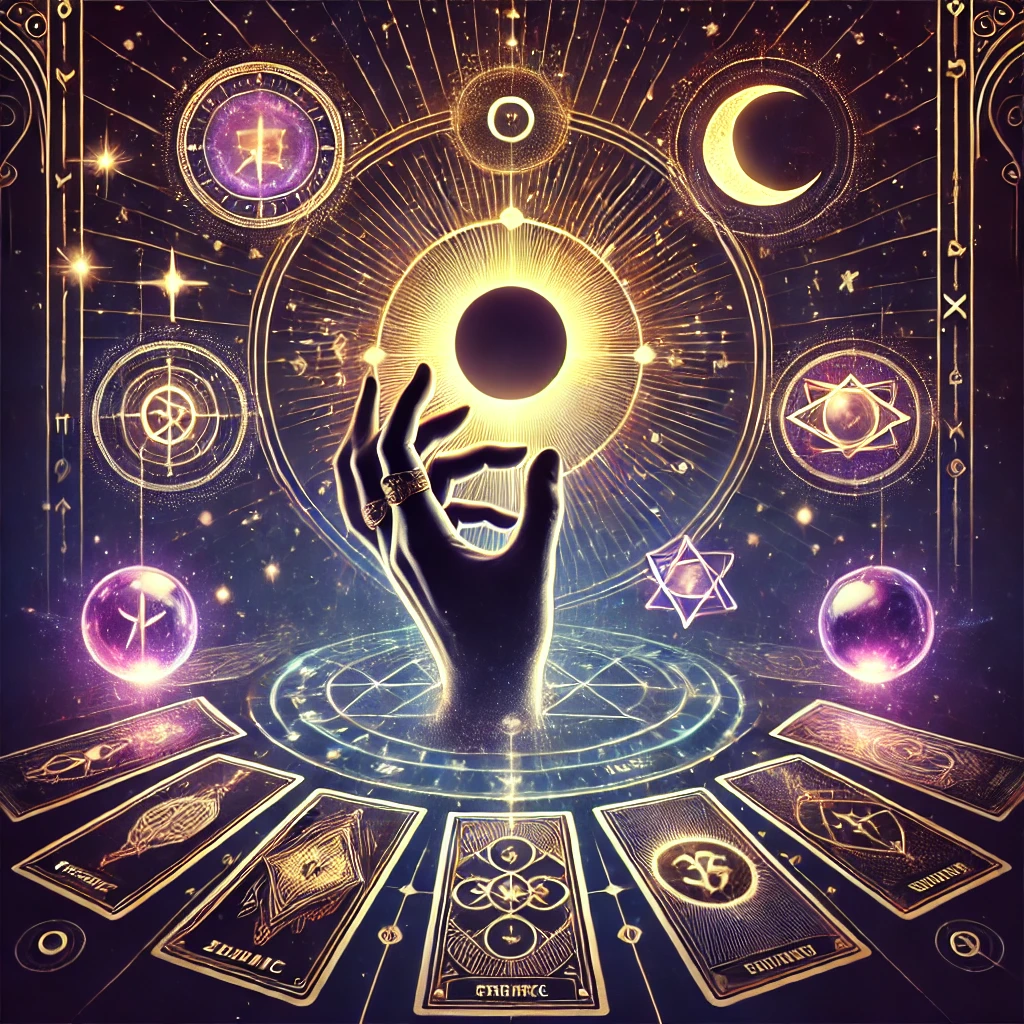 Hand hovering over mystical symbols and tarot cards with celestial elements, representing esoteric arts