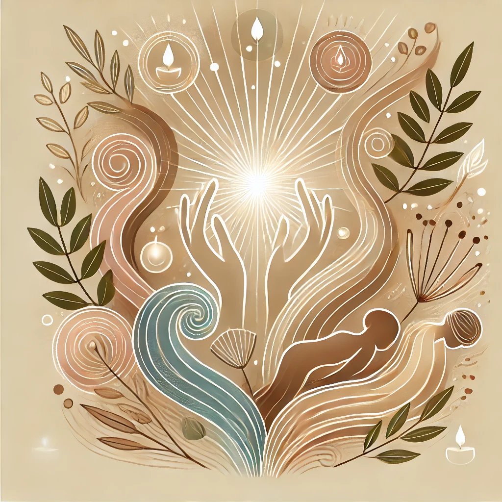 Hands surrounded by flowing lines, natural elements, and glowing light, healing and balance.