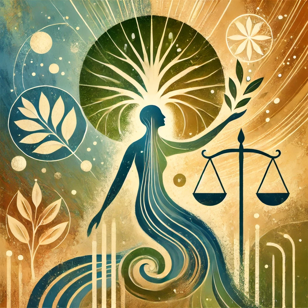 Abstract figure embracing light, with a tree symbolizing growth and scales representing balance and transformation.