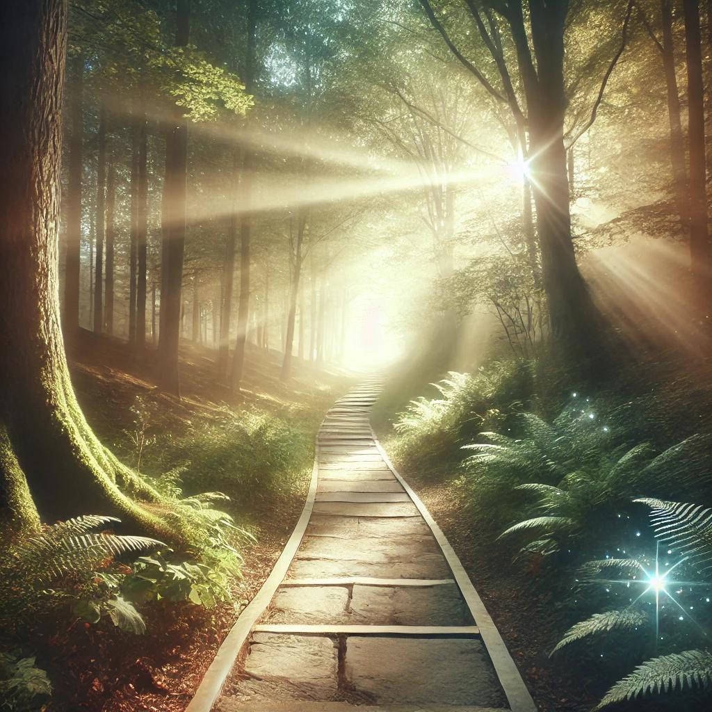 A peaceful forest path with soft sunlight filtering through tall trees, creating a serene and reflective atmosphere.