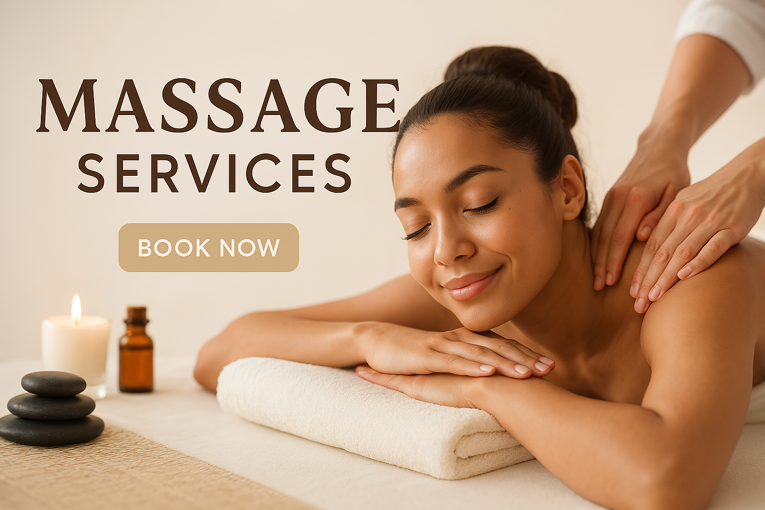Woman receiving a shoulder massage in a serene spa setting with text reading “Massage Services – Book Now”