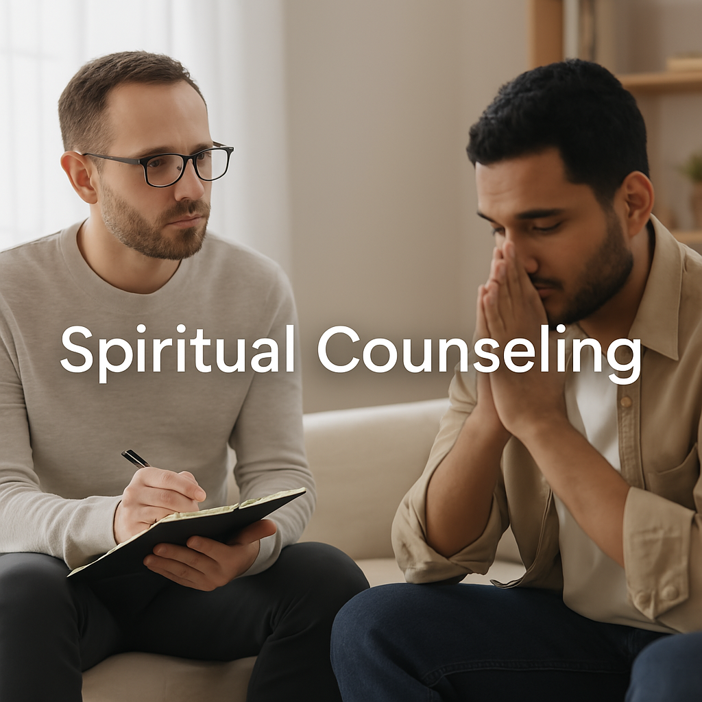 Man offering spiritual counseling to a person in distress, symbolizing Lost in the Astral’s compassionate and supportive guidance services
